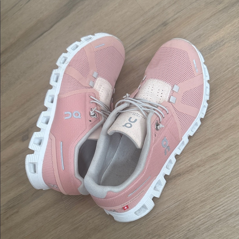 On Running Blush and White Athletic Shoes